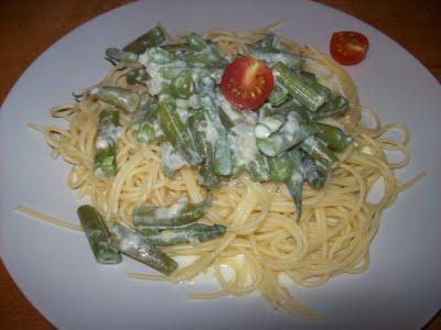 Spaghetti mit Bohnen-Parmesan-Sosse