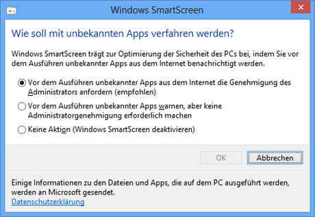 Smartscreen-Einstellungen in Windows 8 (Screenshot: Golem.de)