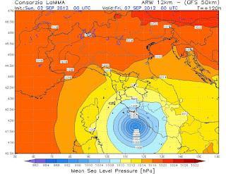Am Freitag 7. September 2012 eventuell Kategorie-1-Hurrikan-Tiefdruck im Mittelmeer
