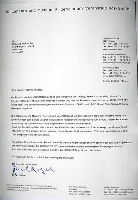Brief von documenta und Museum Fridericianum an Manfred Kielnhofer, occupy Kassel, Waechter der Zeit