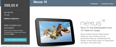Google Nexus 10 kann im Play Store wieder vorbestellt werden
