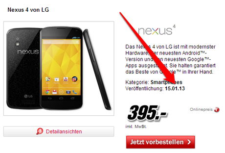 Google Nexus 4: Bei Media Markt erst ab Mitte Januar 2013