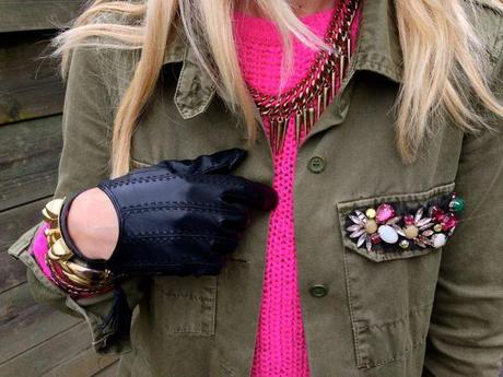 Neon Pink Sweater and Military Jacket