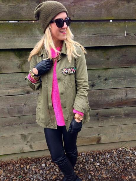 Neon Pink Sweater and Military Jacket