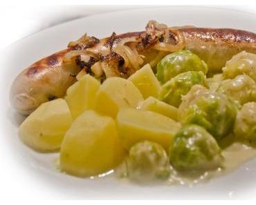 Jetzt wird’s deftig – Bratwurst mit Rosenkohlgemüse und Salzkartoffeln