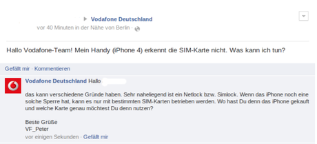 Kommunikation Vodafone auf facebook