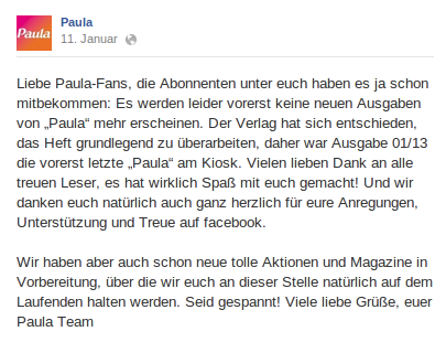 Dies ist der Facebookpost mit dem sich Paula auf facebook verabschiedet