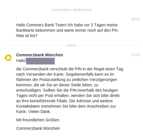 Antwort der Commerzbank München auf die Anfrage