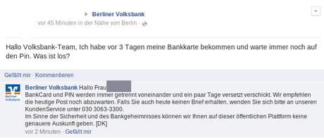 Die Reaktion der Volksbank auf unsere Facebook-Frage