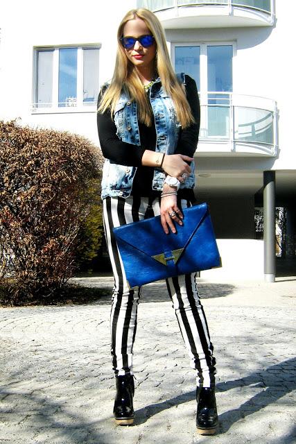 Wednesday to go: striped pants and denim vest