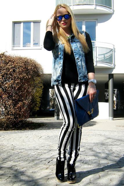 Wednesday to go: striped pants and denim vest