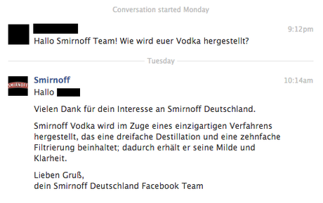 Smirnoff Antwort Facebook