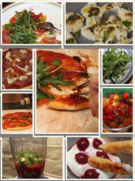 10.Tag Jamie Oliver 30 Minuten Menü - Scharfe Salamipizza, Dreierlei Salate, Kirschen &Vanille-Mascarpone;-Creme