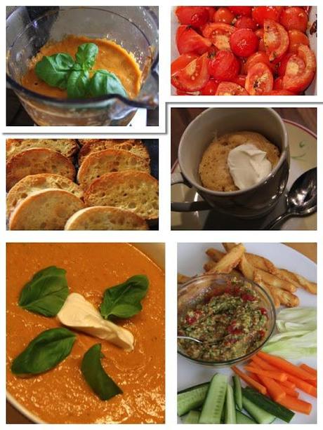 6.Tag - Jamie Oliver 30 Minuten Menü -Tomatensuppe mit gerösteten Croutons, Guacamole & Gemüsesticks, Pflaumensoufflé