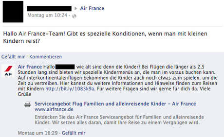 Antwort des AIR France Social Media Teams auf facebook