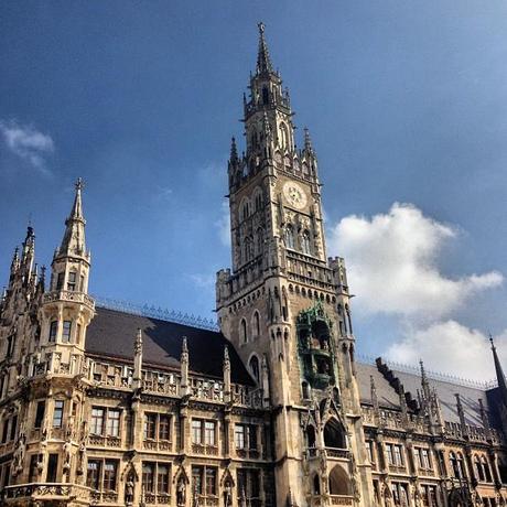Instagram photo of Munich Marienplatz with Munich City Hall - blue sky and a few white clouds