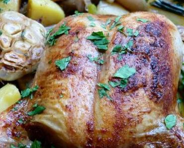 Knoblauchhähnchen mit Schalotten und Kartoffeln