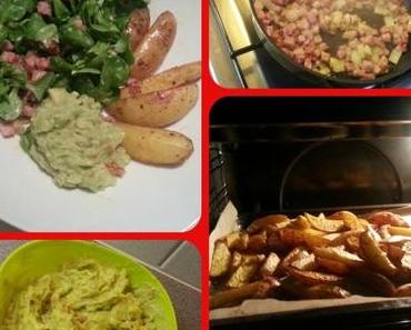 Feldsalat an Orangenspecksosse mit Kartoffeln und Guacamole