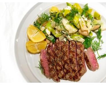 Steak mit zitronigem Lauch Bohnen Gemüse
