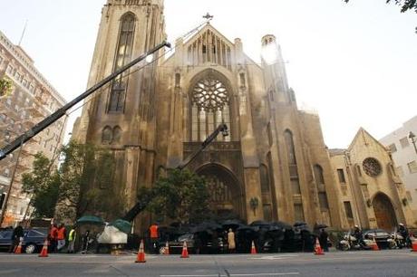 48338, LOS ANGELES, CALIFORNIA - Wednesday December 8, 2010. Emma Stone films a funeral scene for the upcoming untitled Spider-Man film at a cathedral in Downtown LA. The actress recently dyed her red locks blonde for her role in this film. Photograph: Nathanael Jones,  PacificCoastNews.com