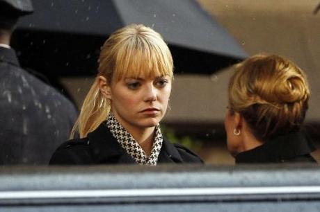 48338, LOS ANGELES, CALIFORNIA - Wednesday December 8, 2010. Emma Stone films a funeral scene for the upcoming untitled Spider-Man film at a cathedral in Downtown LA. The actress recently dyed her red locks blonde for her role in this film. Photograph: Nathanael Jones,  PacificCoastNews.com