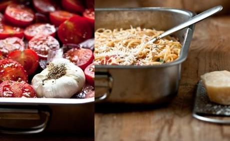 Tomaten Knoblauchzehe Spaghetti Collage