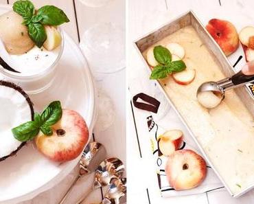 {Sommersünden} Pfrisich-Basilikumsorbet auf Kokosjoghurtcreme