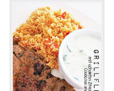 Grillfleisch mit scharfen Zitronen-Tomaten-Couscous und Tzatziki