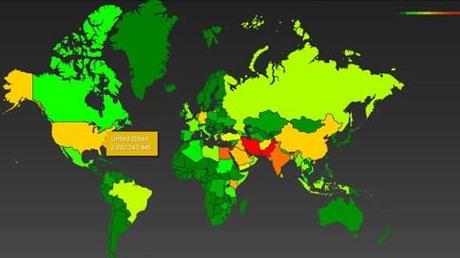 Grün: wenig überwacht, gelb und rot: stärker überwacht. Ein NSA-Karte aus Snowdens Unterlagen (Foto: Guardian.com)
