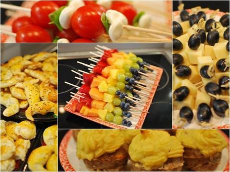 Tomaten & Mozzarella, Rote Weintrauben & Käse, Regenbogen Fruchtspiesse, Hackmuffins mit Kartoffeltopping
