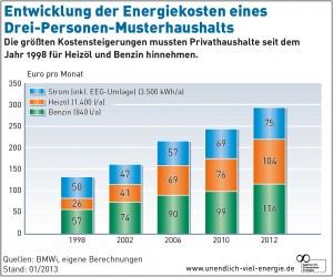 Entwicklung der Energiekosten in einem Musterhaushalt, Quelle: AEE
