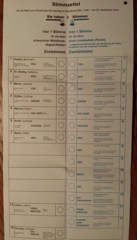 Stimmzettel für die Wahl zum Bundestag (Wahlkreis Trier)