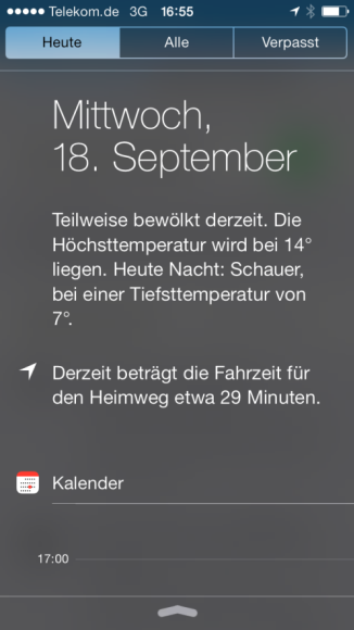 Tagesansicht Die Tagesansicht der Mitteilungszentrale zeigt Wetter, Geburtstage, Termine und die voraussichtliche Fahrzeit zu häufigen Aufenthaltsorten.