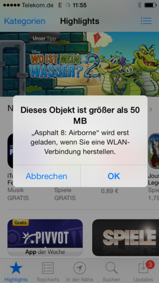 App Store Im Mobilfunknetz merkt der App Store sich größere Downloads für später vor – und lädt diese dann im nächsten WLAN herunter.