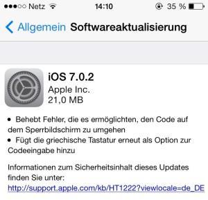 Update auf iOS 7.0.2 behebt Bypass-Bug im Logscreen