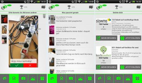 Screenshots der ecotastic App mit Bewertung einer Aktion, Newsfeed und Gutscheinen als Belohnung