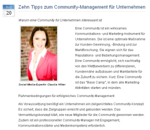 Fallbeispiel: Mit einer Online-Mitteilung “10 Tipps zum Community-Management” zieht Claudia Hilker Interessenten in den Bann ihres Unternehmens