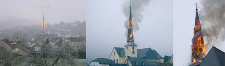 Weithin sichtbar: der brennende Kirchturm des „Eifeldoms“ in Waxweiler.