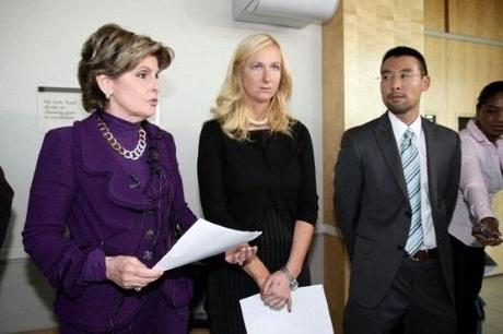 VISTA, CA - DECEMBER 16: (L-R) Attorney Gloria Allred, Kendra Beebe and Deputy District Attorney Keith Watanabe speak at a press conference following the sentencing of actor Shelley Malil for the stabbing of his girlfriend Kendra Beebe on December 16, 2010 in Vista, California. (Photo by Jerod Harris/Getty Images)