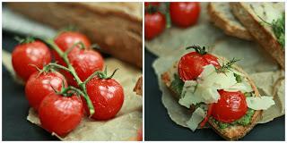 Walnusscrostini mit Rucola- Haselnuss-Pesto und Ofentomaten