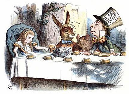 Teeparty in Alice im Wunderland, kolorierte Illustration von John Tenniel (1865)