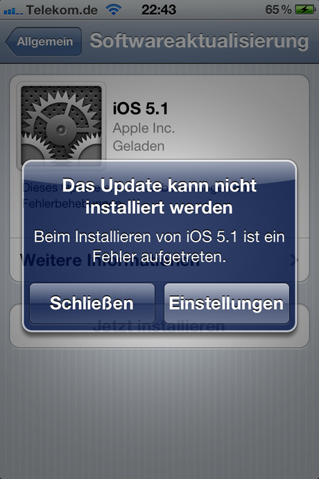 Fehlermeldung Air Update iOS 5.1