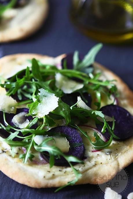 A new love called Vitelotte - purple potato arugula pizza