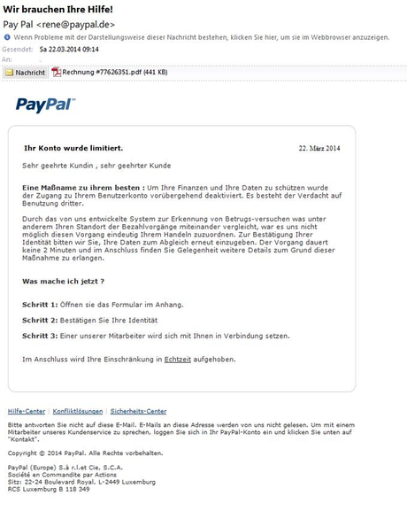 Screenshot PayPal Phishing Email