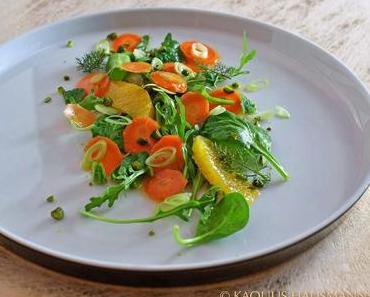 rohes für den #tierfreitag: Möhren-Orangensalat mit Rauke, Spinat, Minze und Bronzefenchel