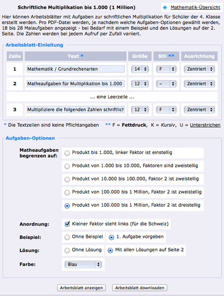 Schriftliche Multiplikation bis 1.000: Das Arbeitsblatt lässt sich auch so generieren, dass es für den Schweizer Schulunterricht passt. (Bildschirmaufnahme von grundschulstoff.de)