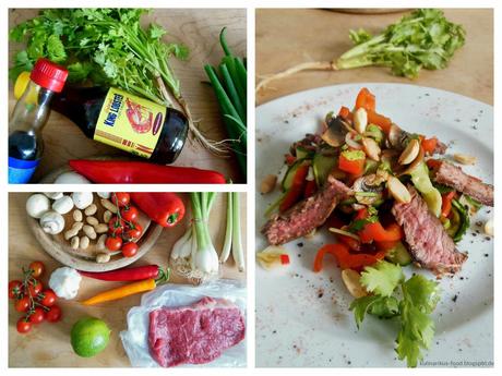 Asiatischer Salat mit mariniertem Rindfleisch und Chili-Erdnüssen