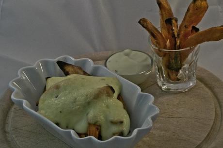 Sweet Poatoes II Süßkartoffel Fries überbacken mit Chili   Estragon   Milchmayonnaise
