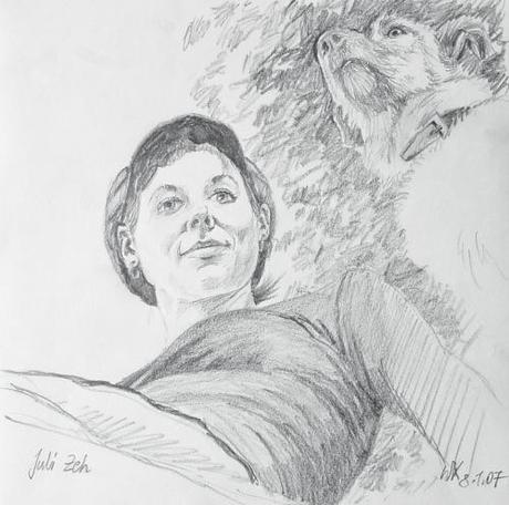 Wolfgang Krisai: Juli Zeh mit ihrem Hund. Zeichnung nach einem Foto aus einer Literaturzeitschrift.