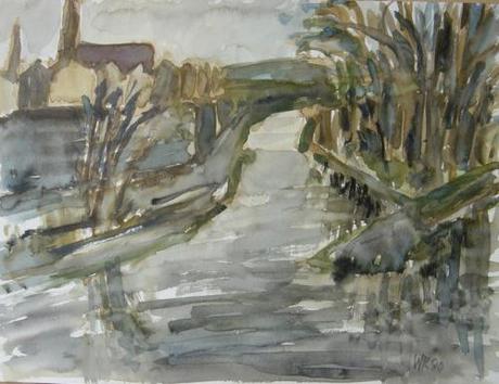 Wolfgang Krisai: Flusslandschaft. Aquarell, 1990.